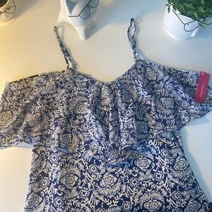 Xhiliration blue and white floral flowy off the shoulder blouse